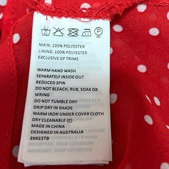 Bardot Red Polka Dots Ruffle V-neck Tie Waist 3/4 Sleeve Wrap Blouse Top Size L - Picture 6 of 6